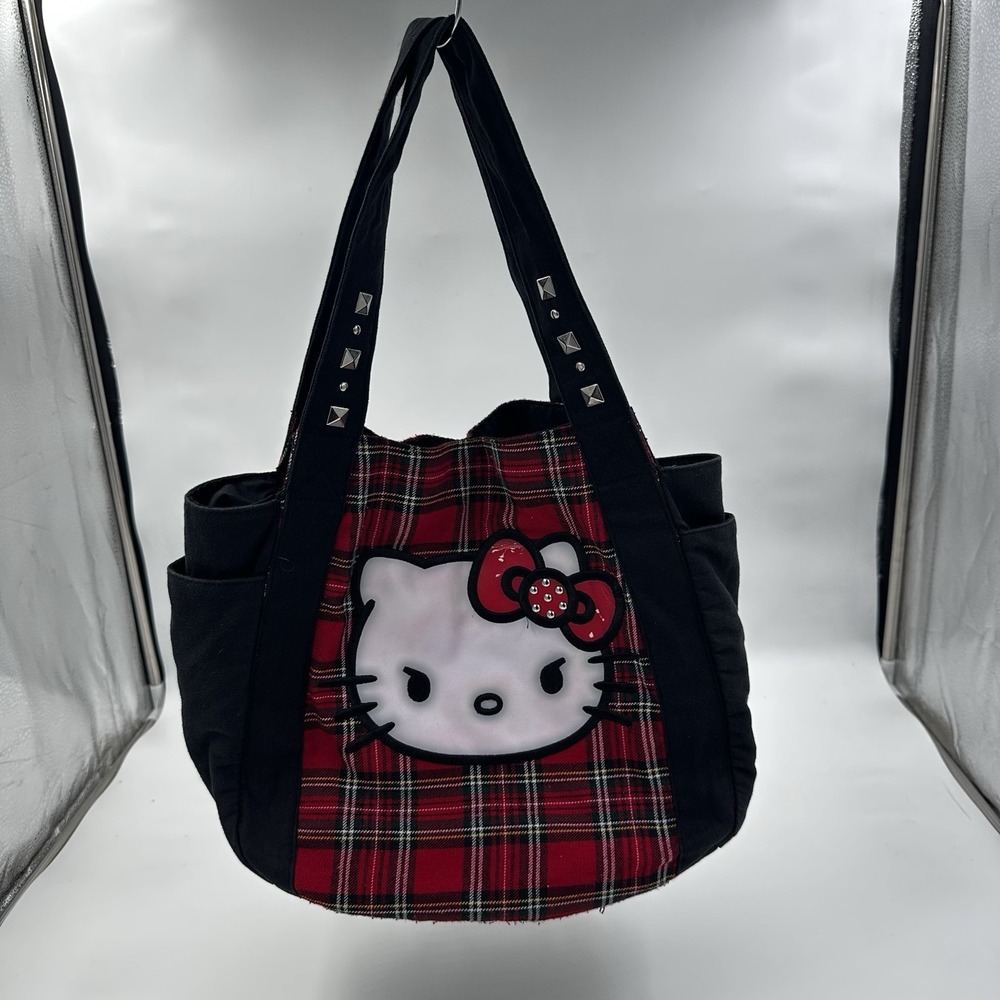 RARE 2000s Loungefly Hello Kitty Punk Rock Plaid Tote Bag Red Studded Y2K Sanrio